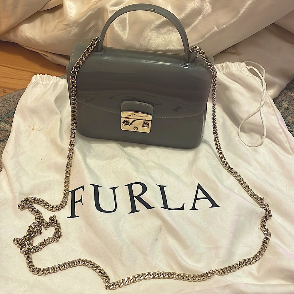 furla candy jelly purse grey gold cross body chain strap